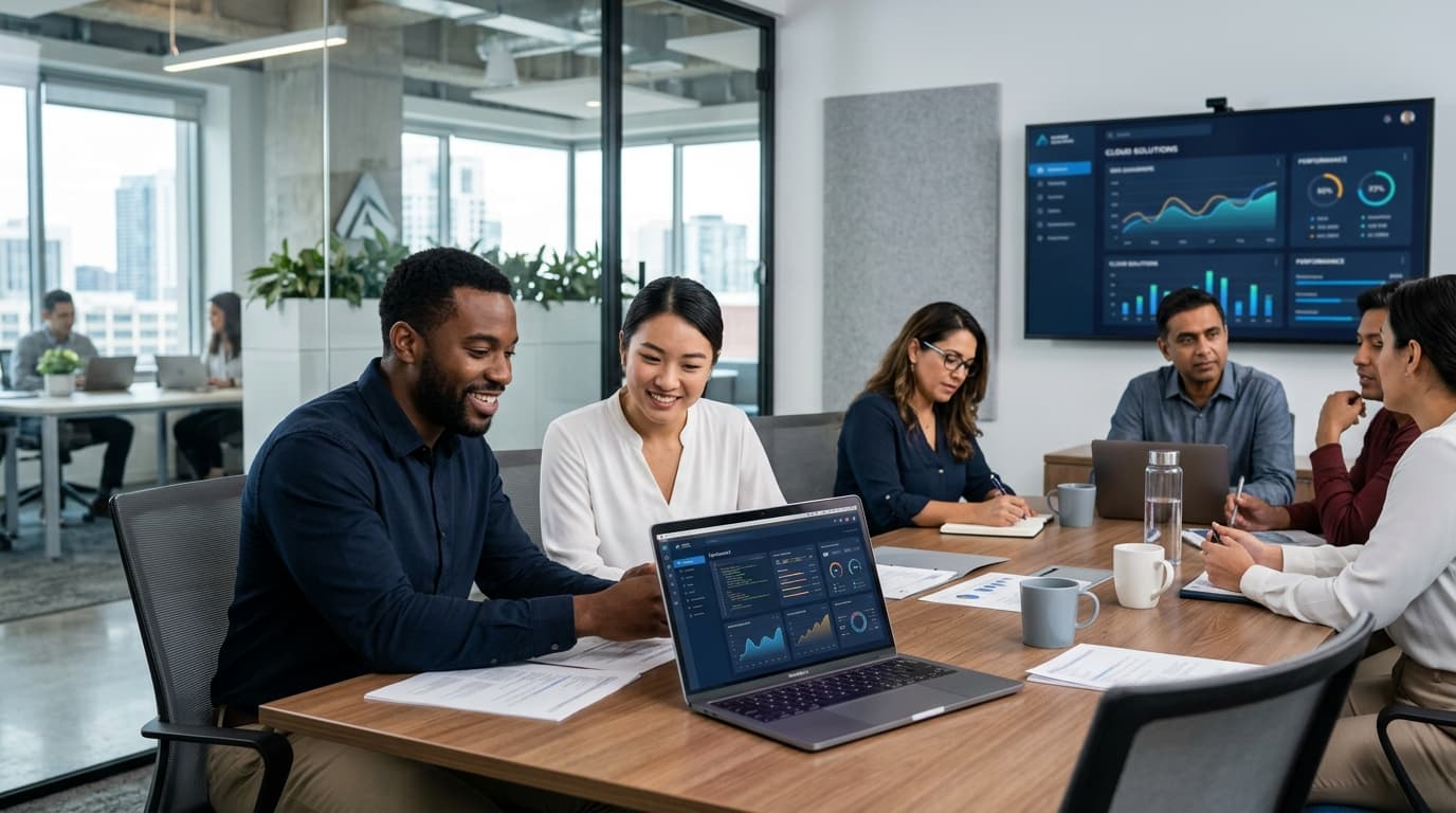 The Data Dot team collaborating in modern IT office
