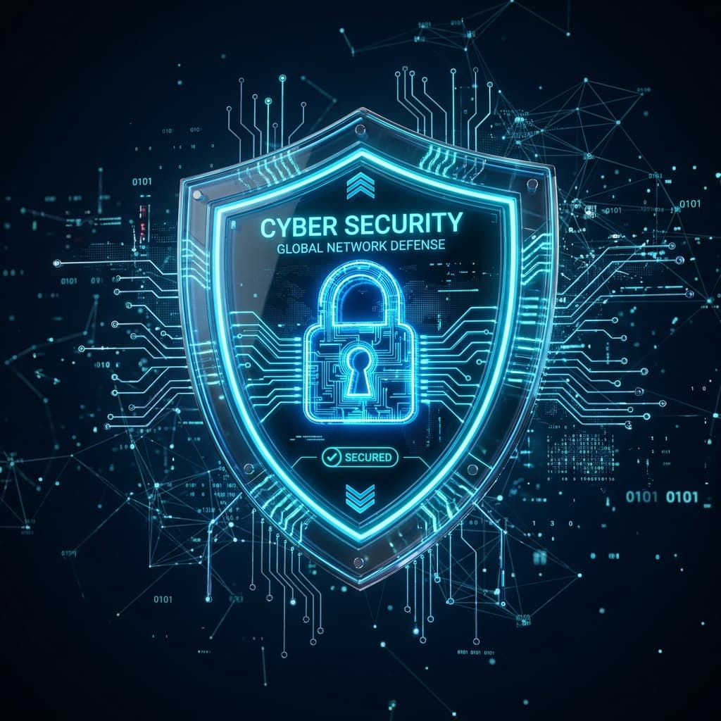 Glowing cyber defense shield and padlock
